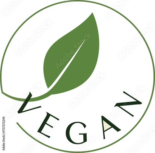 Green Vegan Symbol Design with Leaf and Text Inside Circle on White Backdrop