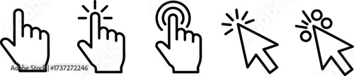 Hand and Mouse Cursor Clicks, Outline Icons on White Background, Pointer Gestures