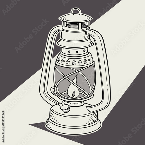 Vector art of a detailed line art illustration of a vintage kerosene lantern, showcasing its classic design and intricate details, set against a contrasting background