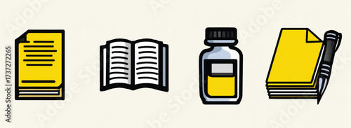 Educational and office supply icons featuring a notebook pen open book and bottle with yellow liquid