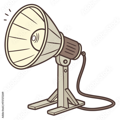 Illustration of a vintage spotlight lamp with a coneshaped reflector, casting a bright beam, set on a sturdy stand with a visible power cord