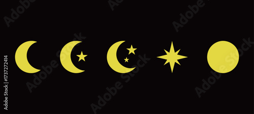 Moon and Star Yellow Icons Set on Black Background. Vector Collection of Crescent Moon Phases, Full Moon, and Starburst Symbols.