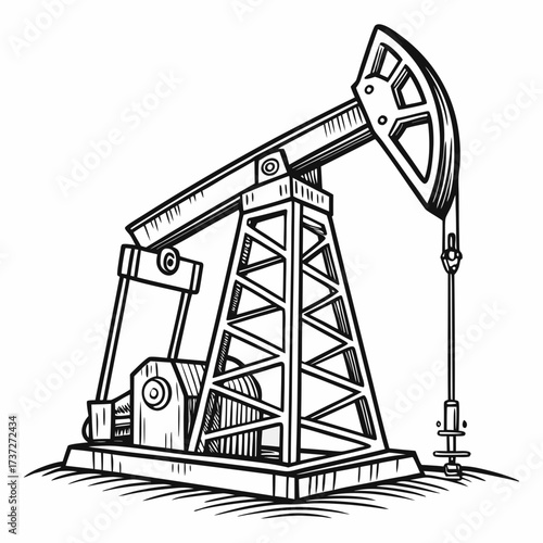 Illustration of an oil pump jack, also known as a nodding donkey, beam pump, rocking horse, pumpjack, horsehead pump, and grasshopper pump