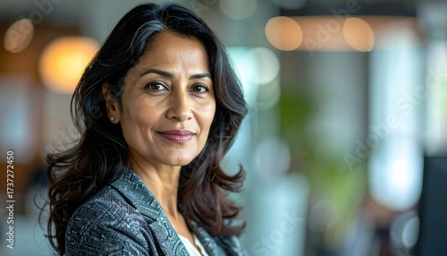 Head shot close up profile picture of beautiful middle-aged Asian businesswoman posing in workplace.