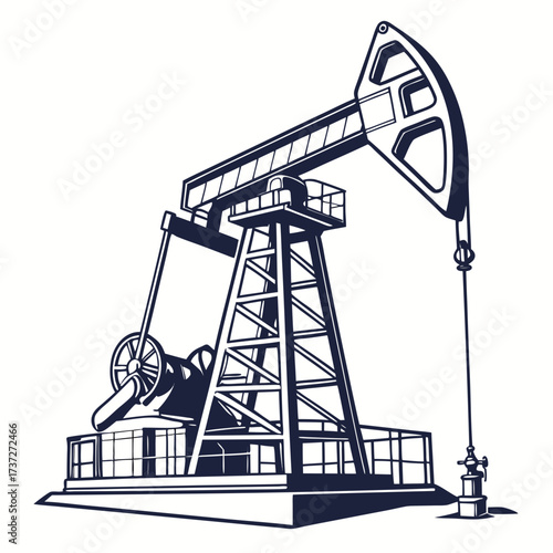 Illustration of an oil pump jack, symbolizing the extraction of crude oil and the energy industry, the pump is a complex machine used to extract oil from the ground