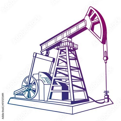 Illustration of an oil pump jack, also known as a nodding donkey, horsehead pump, beam pump, or pumping unit, used to mechanically lift liquid out of a well