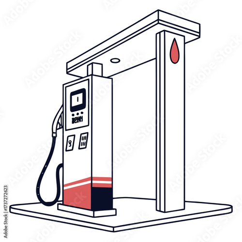 Illustration of a gas station, showcasing a fuel pump with a red drop symbol, perfect for themes related to energy, transportation, and service stations