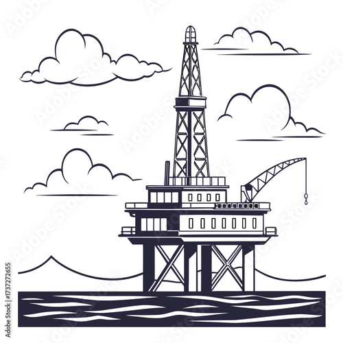 Vector art of offshore oil rig platform in the sea with clouds, a detailed black and white line art illustration energy industry and extraction of natural resources
