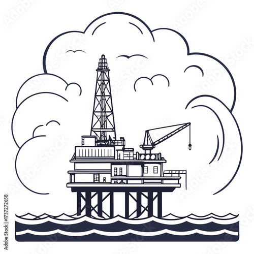 Vector art of offshore oil rig platform in the sea with clouds, a detailed black and white line art illustration energy industry and extraction of natural resources
