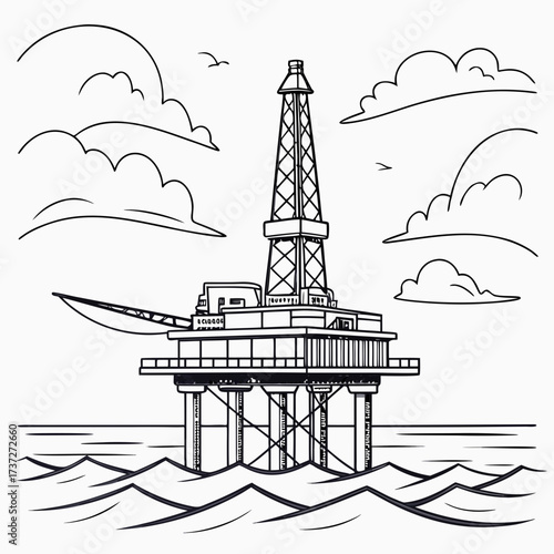 Vector art of offshore oil rig platform in the sea with clouds, a detailed black and white line art illustration energy industry and extraction of natural resources