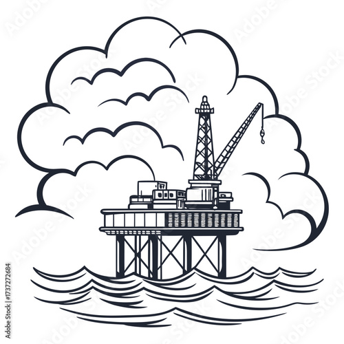 Vector art of oil rig platform in the sea with clouds offshore drilling rig oil and gas industry energy production petroleum exploration fossil fuel extraction