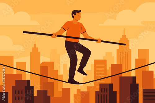 Urban over illustration skyline vector balancing holding walker tightrope pole