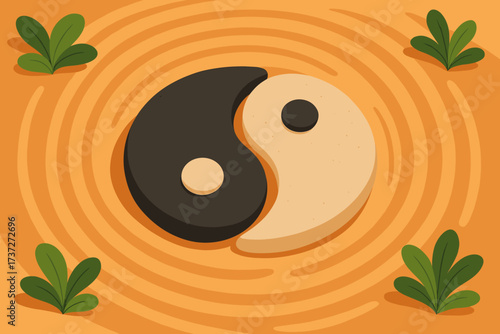 Raked illustration minimal yang flat yin arranged sand garden patterns vector stones