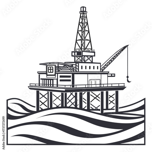 Vector art of offshore oil rig platform in the sea oil and gas industry energy production petroleum exploration fossil fuel extraction marine