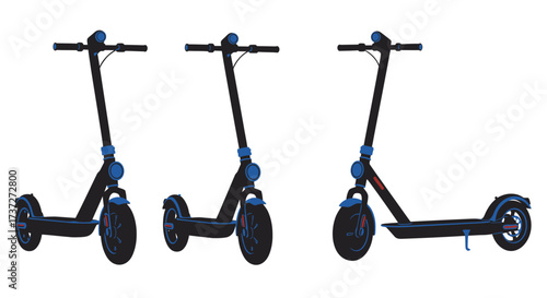 Three electric scooters displayed in a simple isolated product shot