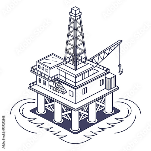 Vector art of isometric illustration of an offshore oil rig platform in the sea, showcasing the industrial structure used for drilling and extraction of petroleum