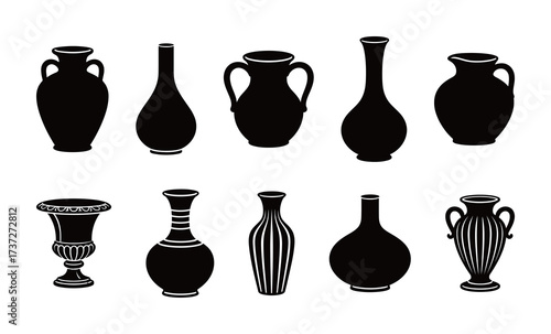 Ancient and Modern Vase Silhouettes Set. Vector Black Collection of Various Pottery and Amphora Shapes for Decoration.
