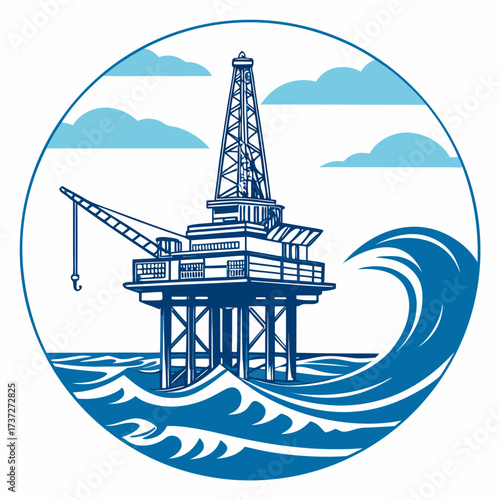 Vector art of offshore oil platform in the sea, a vital infrastructure for energy production, showcasing the intricate network of pipes and machinery