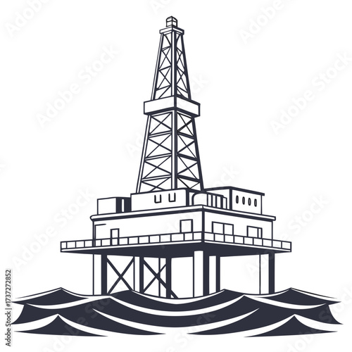 Vector art of offshore oil rig platform in the sea oil and gas industry, energy production extraction of natural resources drilling rig in the ocean petroleum industry