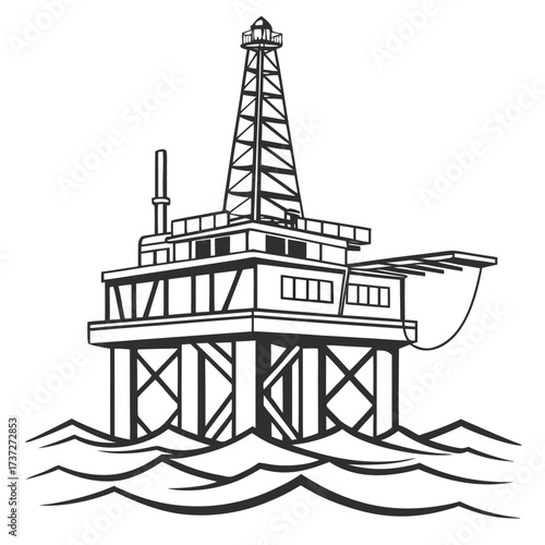 Vector art of offshore oil platform in the sea, a vital structure for energy extraction, standing tall against the waves, symbolizing industry, technology, and the pursuit of resources