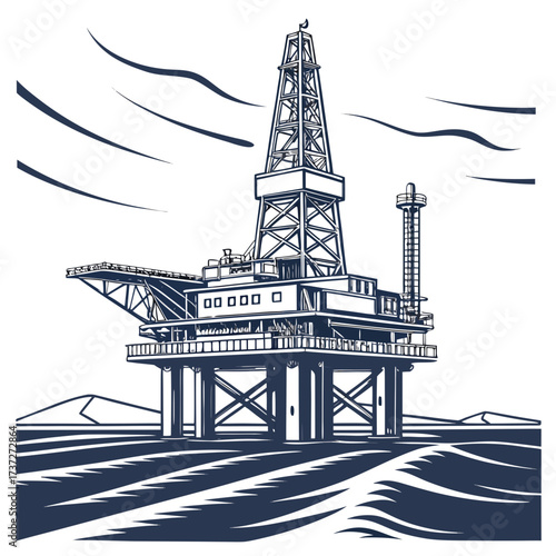 Vector art of offshore oil platform in the sea, a vital structure for energy extraction, standing tall against the waves, symbolizing industry, technology, and the pursuit of resources