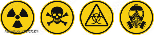 Hazard Yellow Warning Sign Set Radiation, Skull, Biohazard, Gas Mask Icons