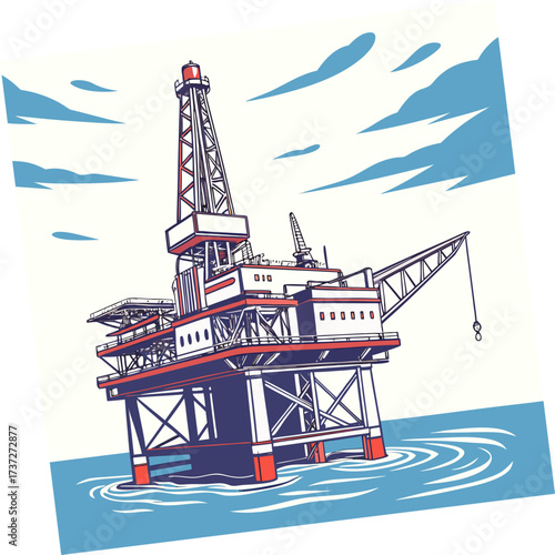 Illustration of an offshore oil rig platform in the ocean, showcasing the industrial structure and its placement in the marine environment