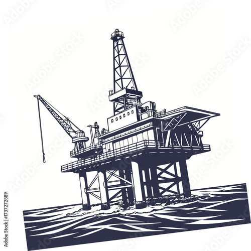 Illustration of an offshore oil rig platform in the ocean, showcasing the industrial structure and its placement in the marine environment