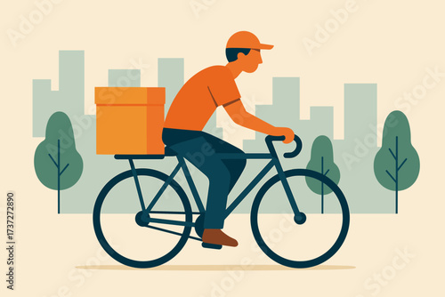 Passing courier vector large back bicycle trees illustration simple city riding box