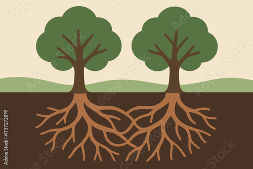 Roots forming network two tree trees vector intertwined single underground intertwining illustration