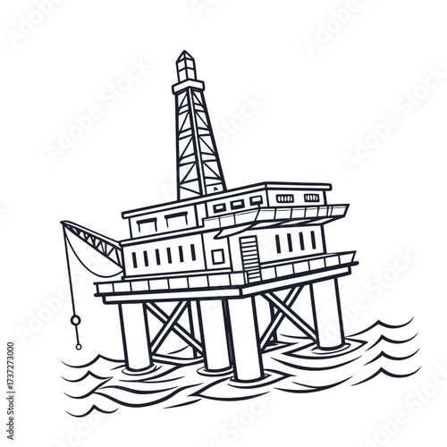 Illustration of an offshore oil rig platform in a simple cartoon style, perfect for educational materials, infographics, or environmental awareness campaigns