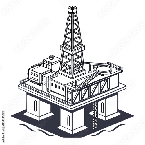 Vector art of isometric illustration of an offshore oil rig platform in a simple cartoon style, ideal for technical diagrams, presentations, or educational resources