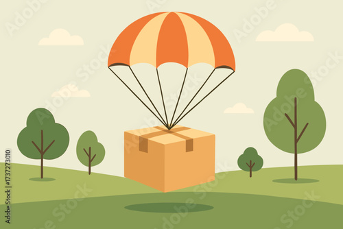 From gently landing parcel package grassy down illustration vector field parachute trees
