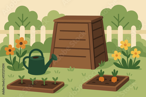 Can vector watering flowers composting surrounded illustration beds backyard scene small bin
