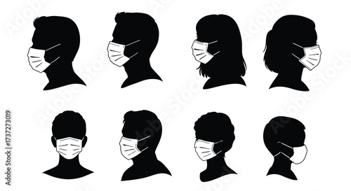 Silhouettes of diverse people wearing protective face masks in a row