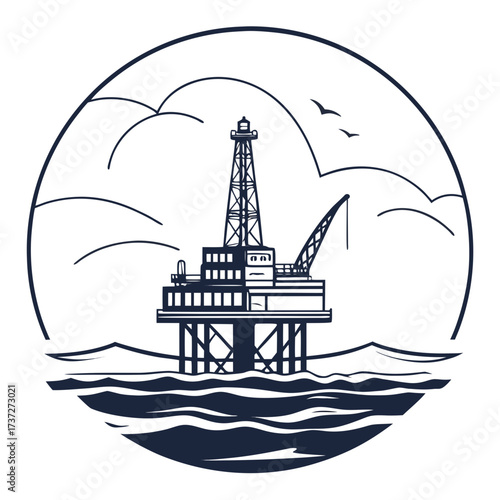 Vector art of offshore oil rig platform in the sea, extracting crude oil and natural gas, vector illustration energy industry, fossil fuel production, and marine environment