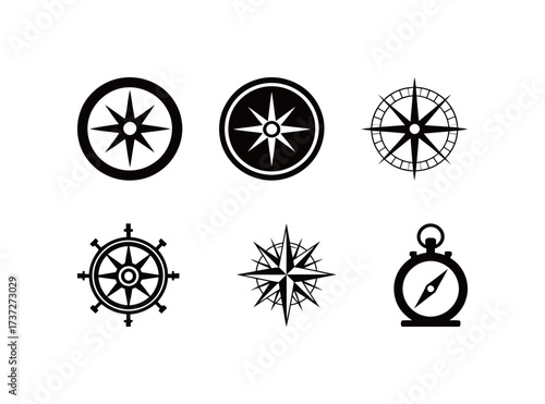 Nautical Compass and Wind Rose Silhouettes Set. Vector Collection of Navigation, Steering Wheel, and Directional Icons.