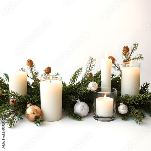 Festive candles: A serene composition of decorative candles, both lit and unlit, the drawing is made in a minimalistic style and reflects the essence of the object with a single continuous line.