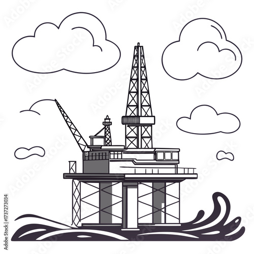 Vector art of offshore oil rig platform in the sea with clouds extraction of mineral resources industrial construction for drilling vector illustration in outline style