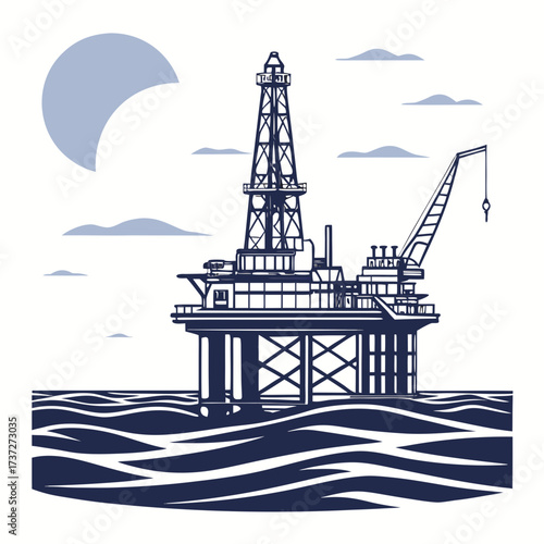 Vector art of offshore oil rig platform in the sea, extracting crude oil and natural gas, vector illustration energy industry, fossil fuel production, and marine environment