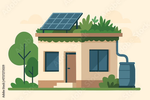 Garden barrel solar vector collection illustration rainwater eco modern rooftop panels house