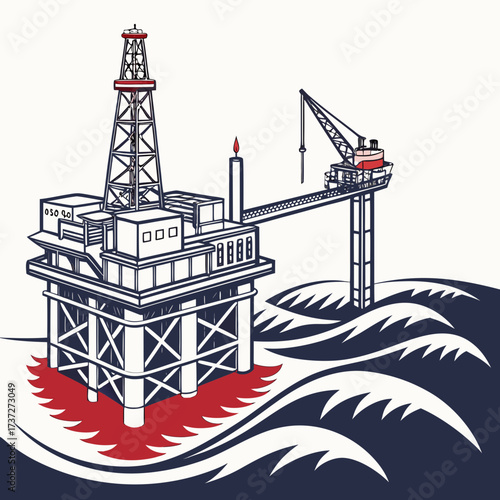 Vector art of offshore oil rig platform in the sea with waves extraction of mineral resources industrial construction for drilling vector illustration in flat style