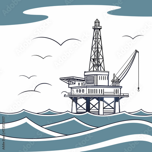 Vector art of offshore oil rig platform in the sea, extracting crude oil and natural gas, vector illustration energy industry, fossil fuel production, and marine environment