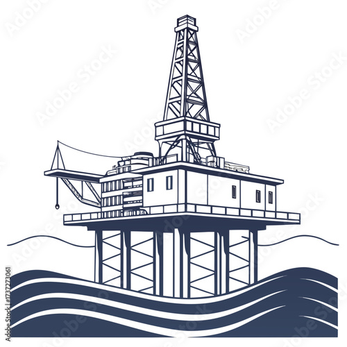 Illustration of an offshore oil rig platform in the sea, a symbol of energy production, marine industry, and environmental concerns