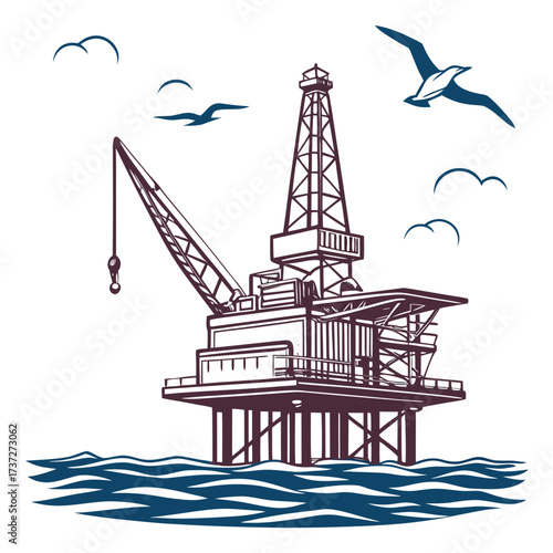 Illustration of an offshore oil rig platform in the sea with seagulls flying above, a symbol of energy production, marine industry, and environmental concerns