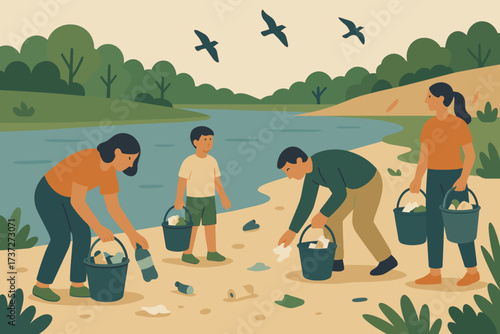 Initiative reusable illustration collecting flying people birds trash riverbank vector cleanup