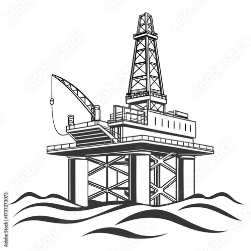 Vector art of monochrome illustration of an offshore oil rig platform in the sea, a symbol of energy production, marine industry, and environmental concerns