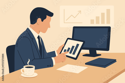 Desk tablet reviewing tidy coffee illustration worker analysis abstract vector nearby office