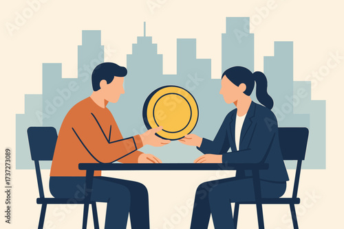 Abstract coin two exchange skyline vector people large behind illustration exchanging