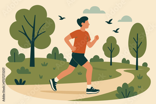 Surrounded sneakers path park trees jogging nature simple illustration jogger vector person